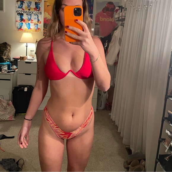 Swim | Red Bikini Top With Print Bottoms | Poshmark